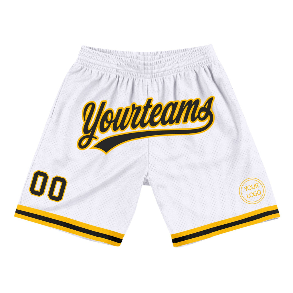 Custom White Black-Gold Authentic Throwback Basketball Shorts photo 1