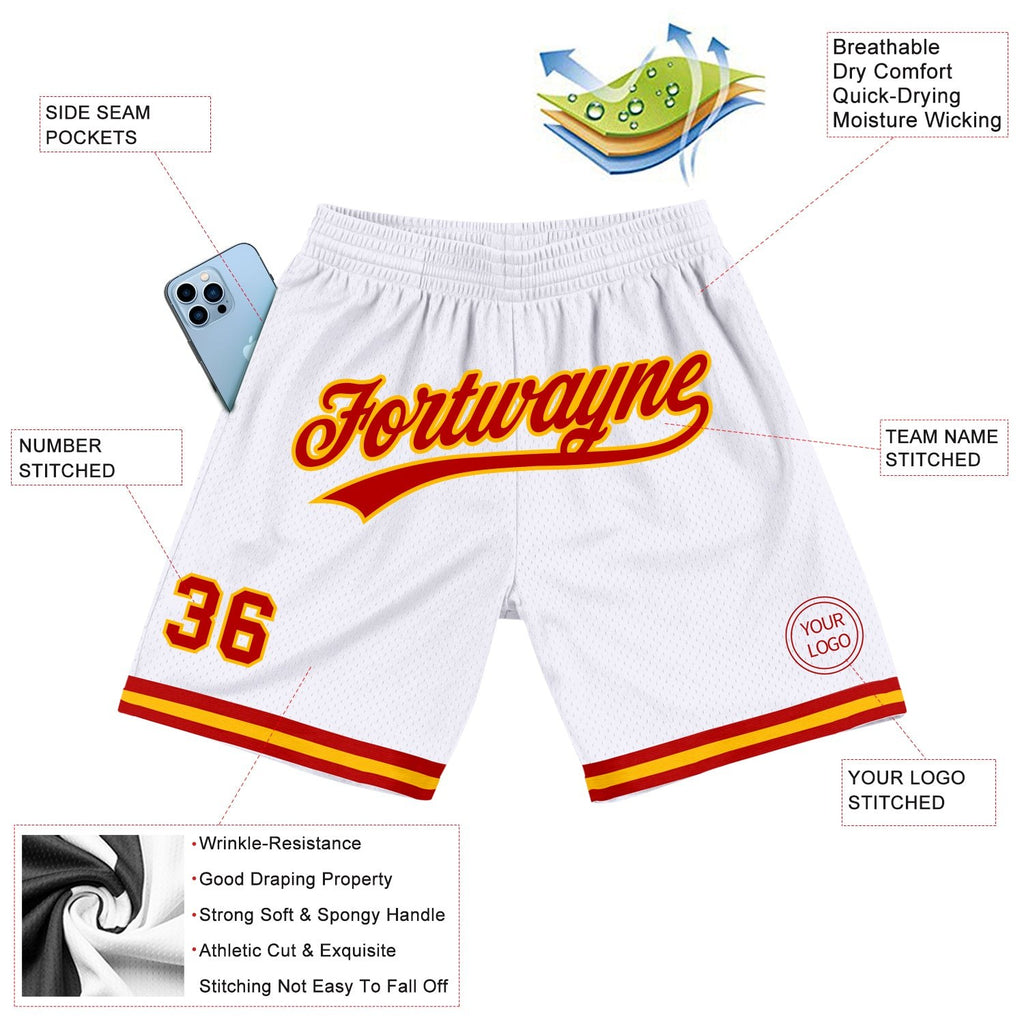 Custom White Red-Gold Authentic Throwback Basketball Shorts photo 2
