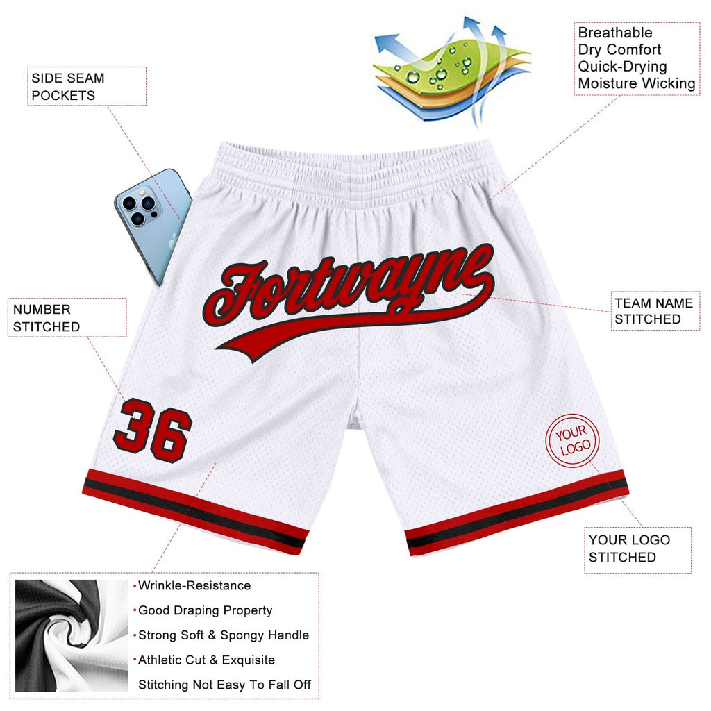 Custom White Red-Black Authentic Throwback Basketball Shorts photo 2