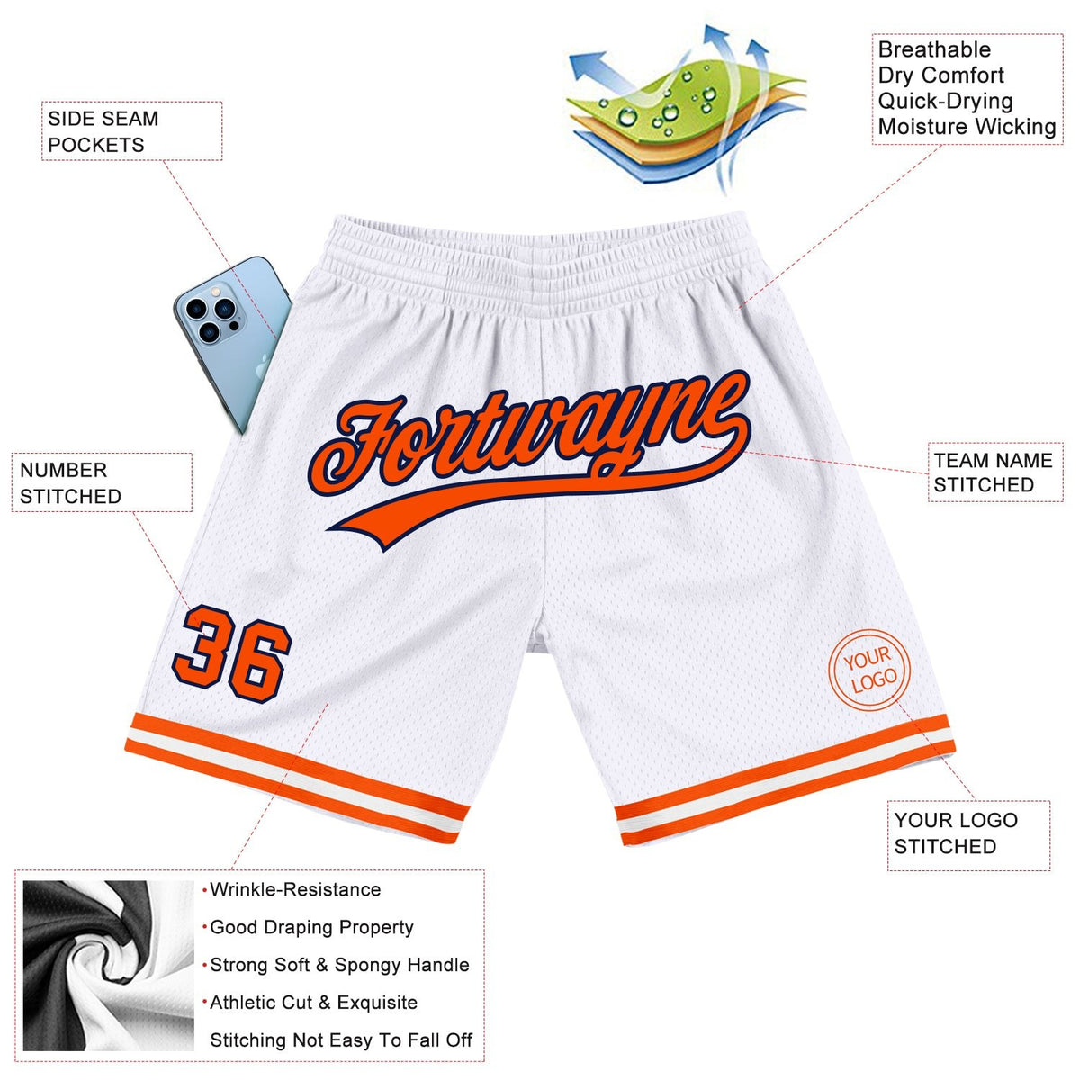 Custom White Orange-Navy Authentic Throwback Basketball Shorts photo 2