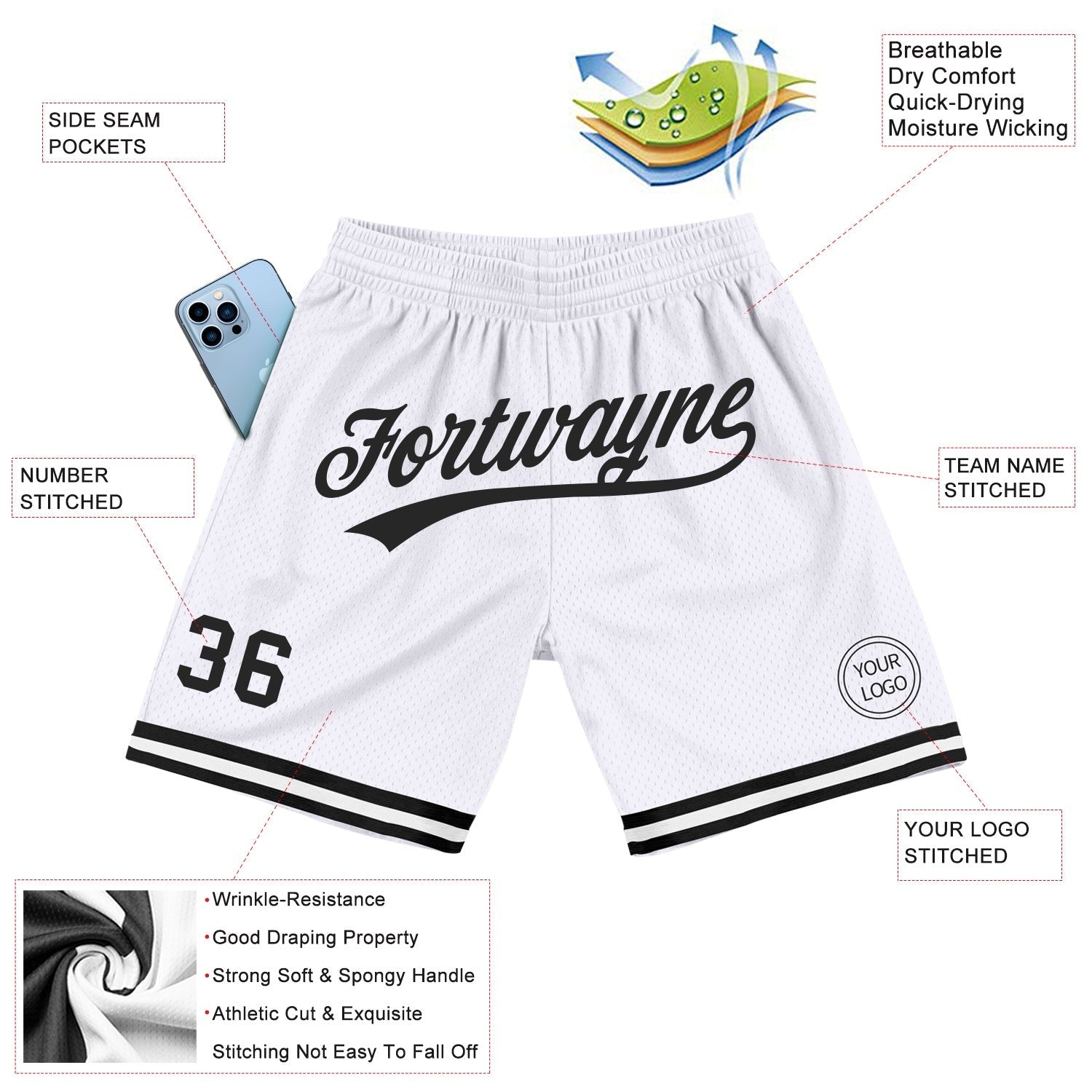 Custom White Black Authentic Throwback Basketball Shorts photo 2