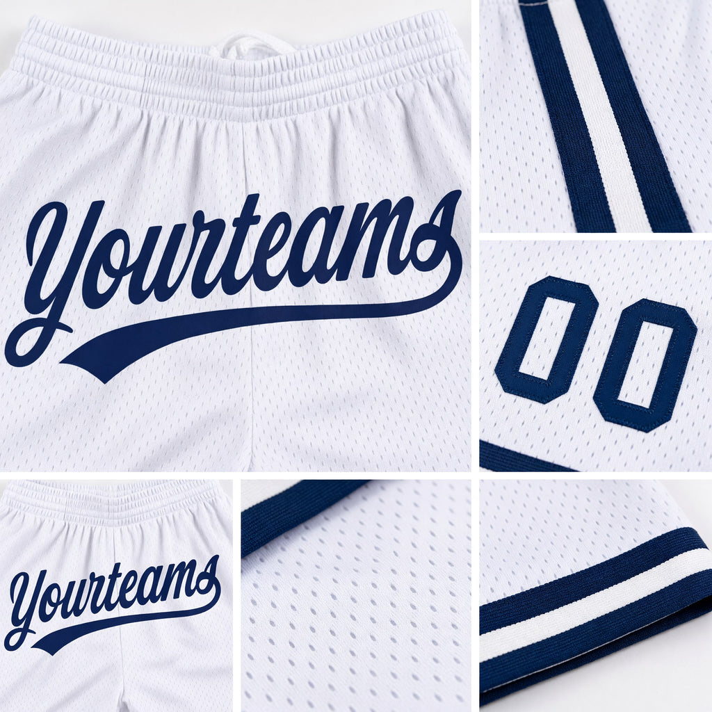 Custom White Navy Authentic Throwback Basketball Shorts detail