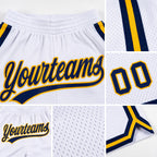 Custom White Navy-Gold Authentic Throwback Basketball Shorts detail