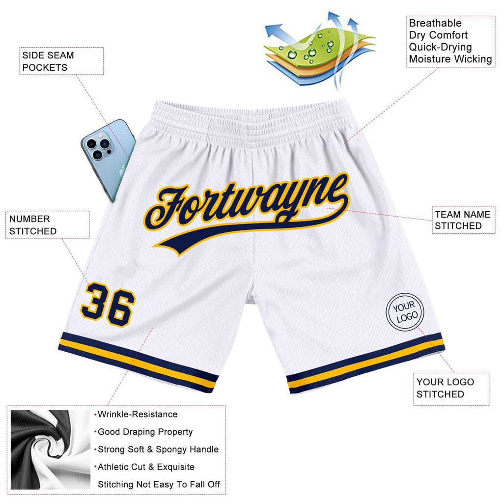 Custom White Navy-Gold Authentic Throwback Basketball Shorts photo 2