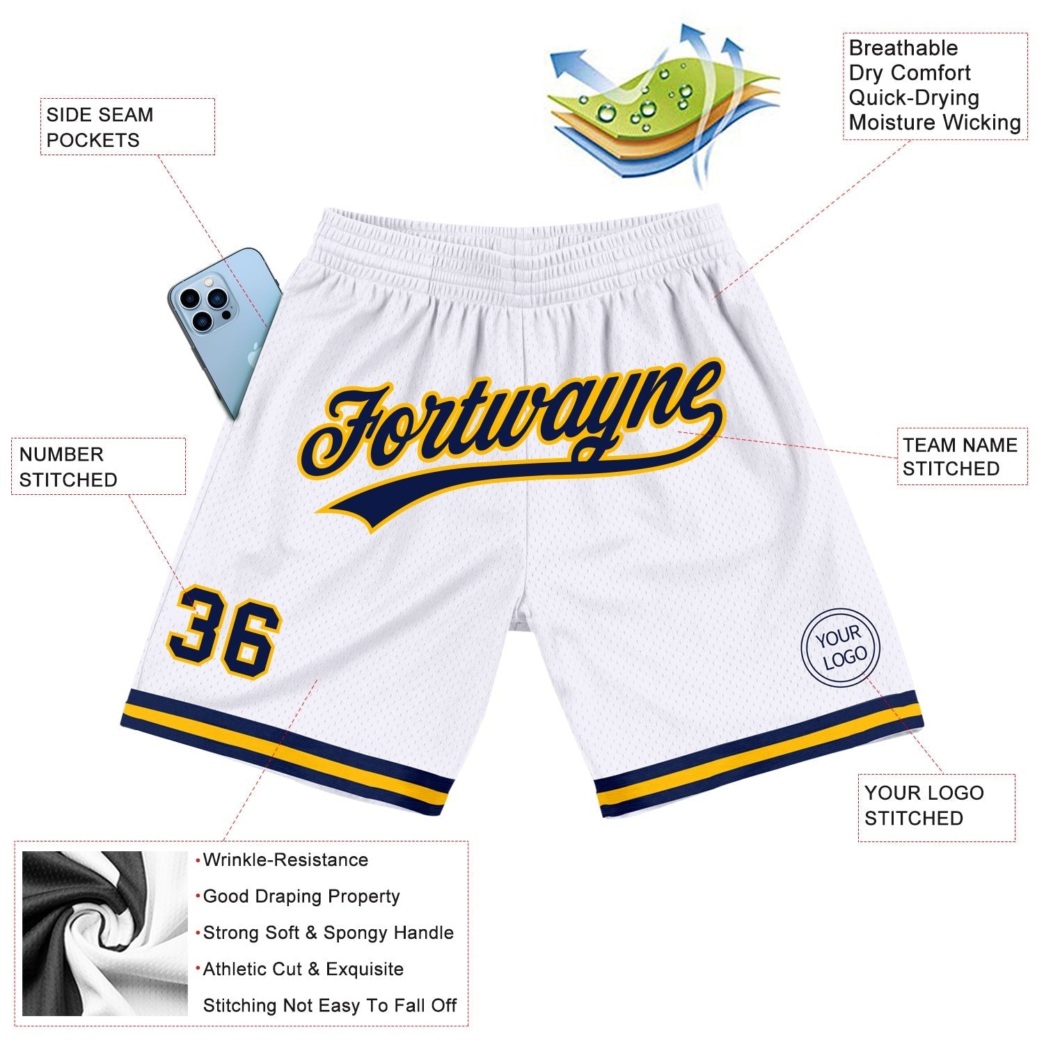 Custom White Navy-Gold Authentic Throwback Basketball Shorts photo 2
