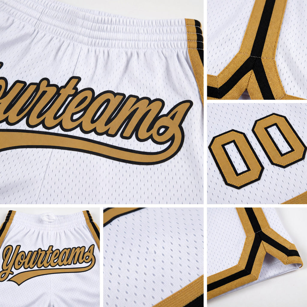 Custom White Old Gold-Black Authentic Throwback Basketball Shorts detail