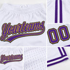Custom White Purple Old Gold-Black Authentic Throwback Basketball Shorts detail