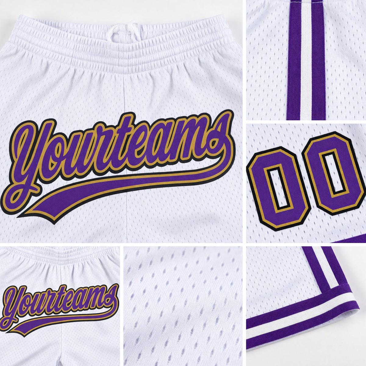 Custom White Purple Old Gold-Black Authentic Throwback Basketball Shorts detail