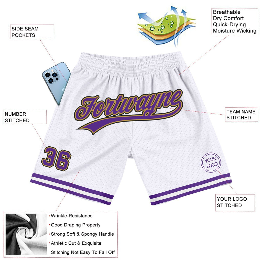 Custom White Purple Old Gold-Black Authentic Throwback Basketball Shorts photo 2