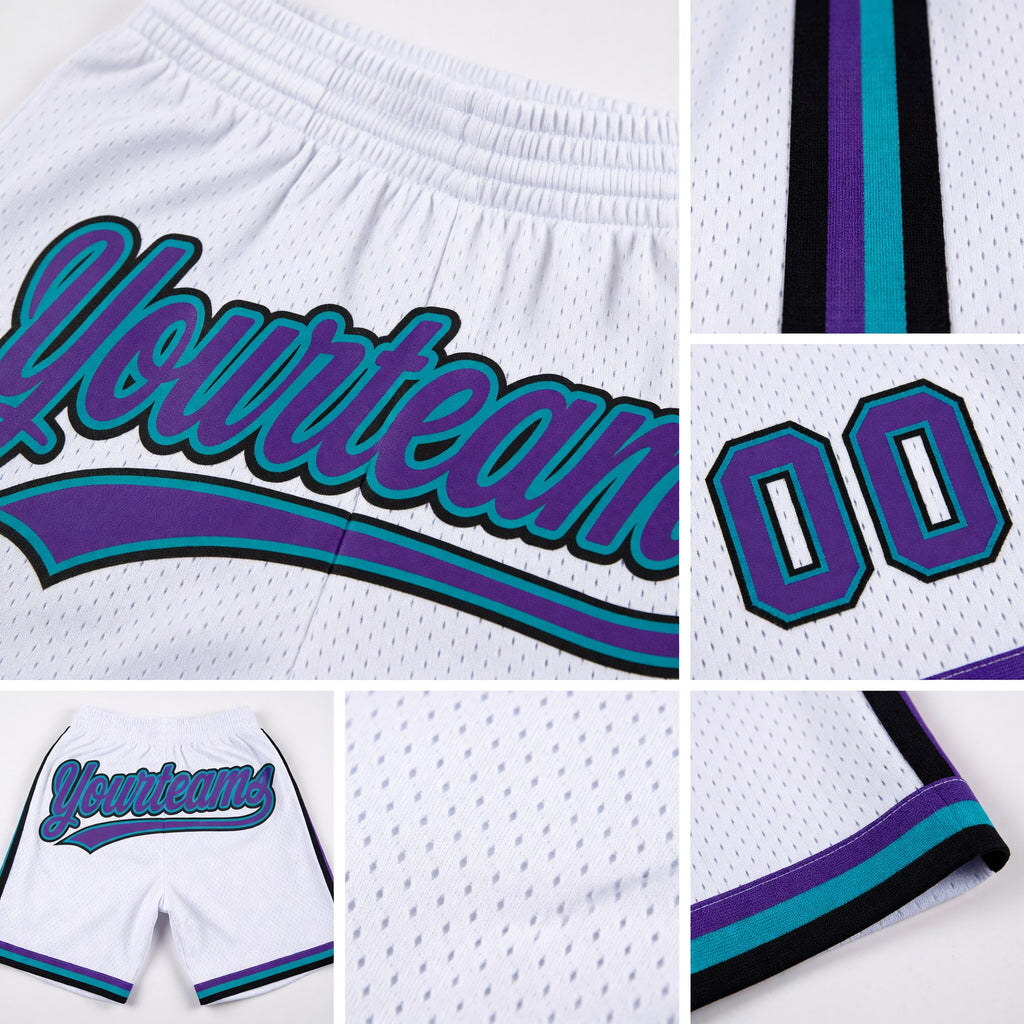 Custom White Purple Teal-Black Authentic Throwback Basketball Shorts detail