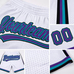 Custom White Purple Teal-Black Authentic Throwback Basketball Shorts detail