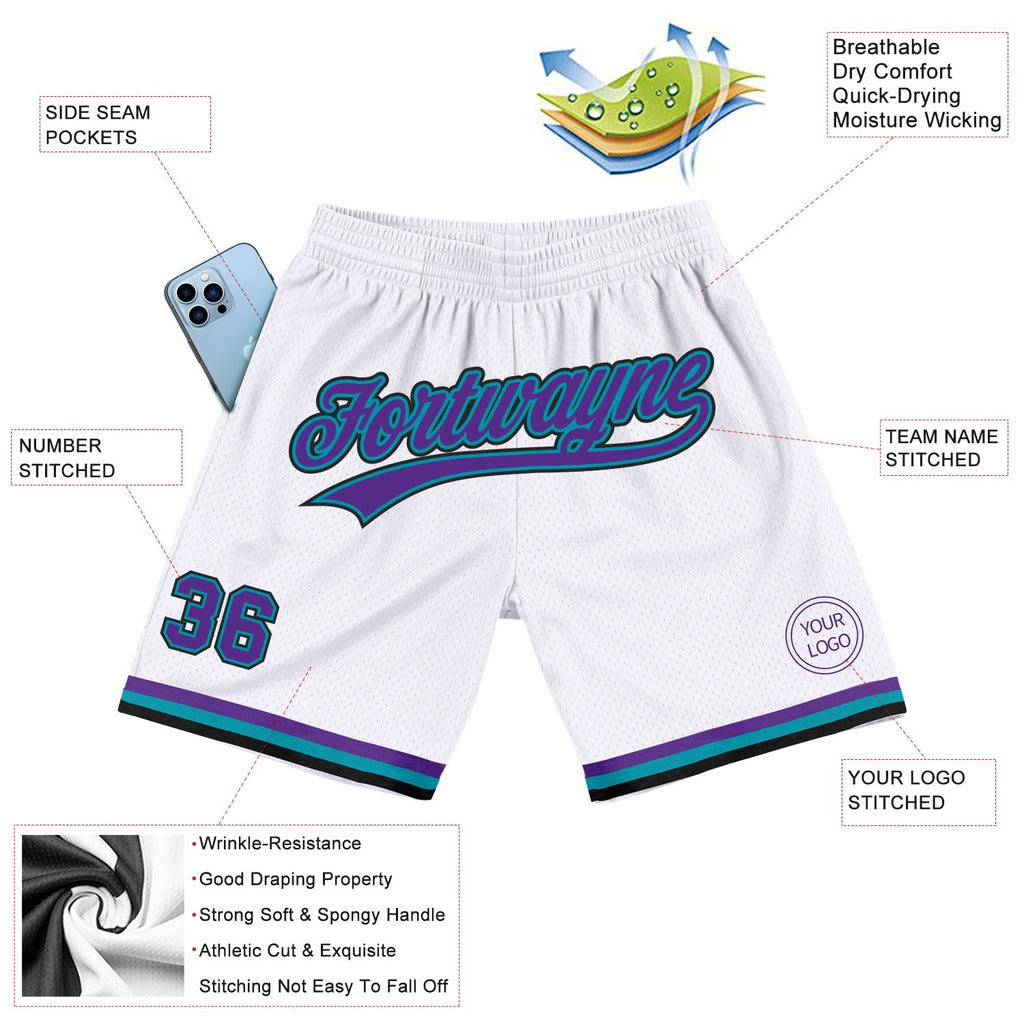 Custom White Purple Teal-Black Authentic Throwback Basketball Shorts photo 2