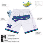 Custom White Purple Teal-Black Authentic Throwback Basketball Shorts photo 2