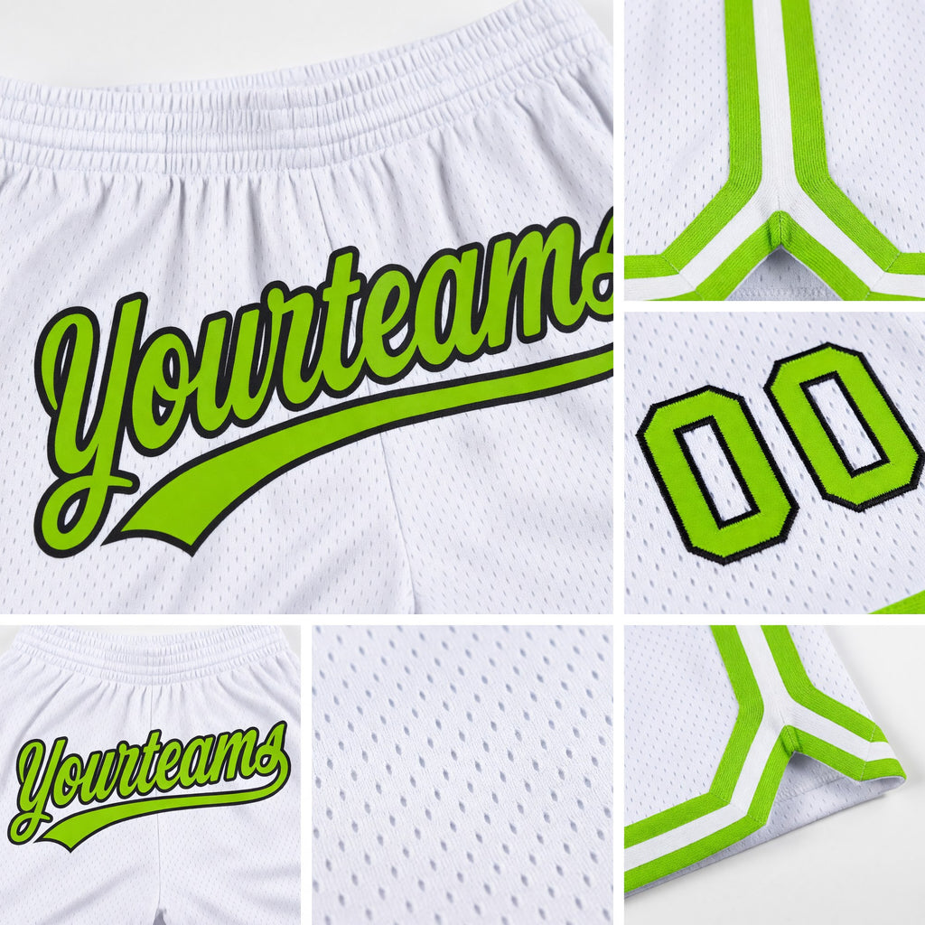 Custom White Neon Green-Black Authentic Throwback Basketball Shorts detail