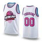 Custom White Pink Black-Light Blue Authentic Throwback Basketball Jersey