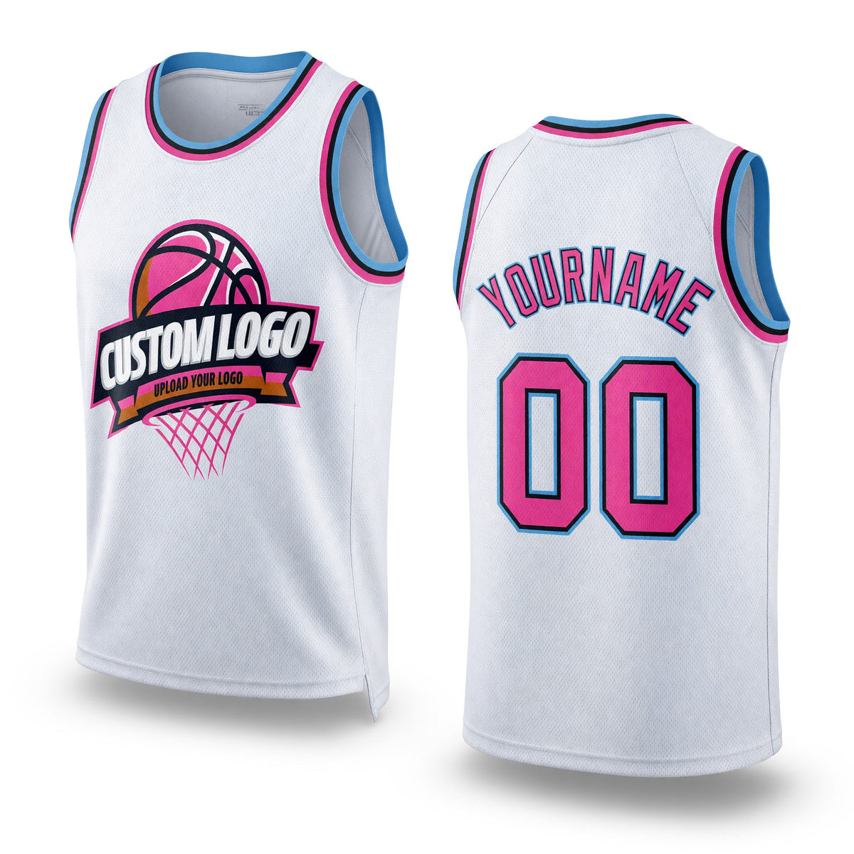 Custom White Pink Black-Light Blue Authentic Throwback Basketball Jersey