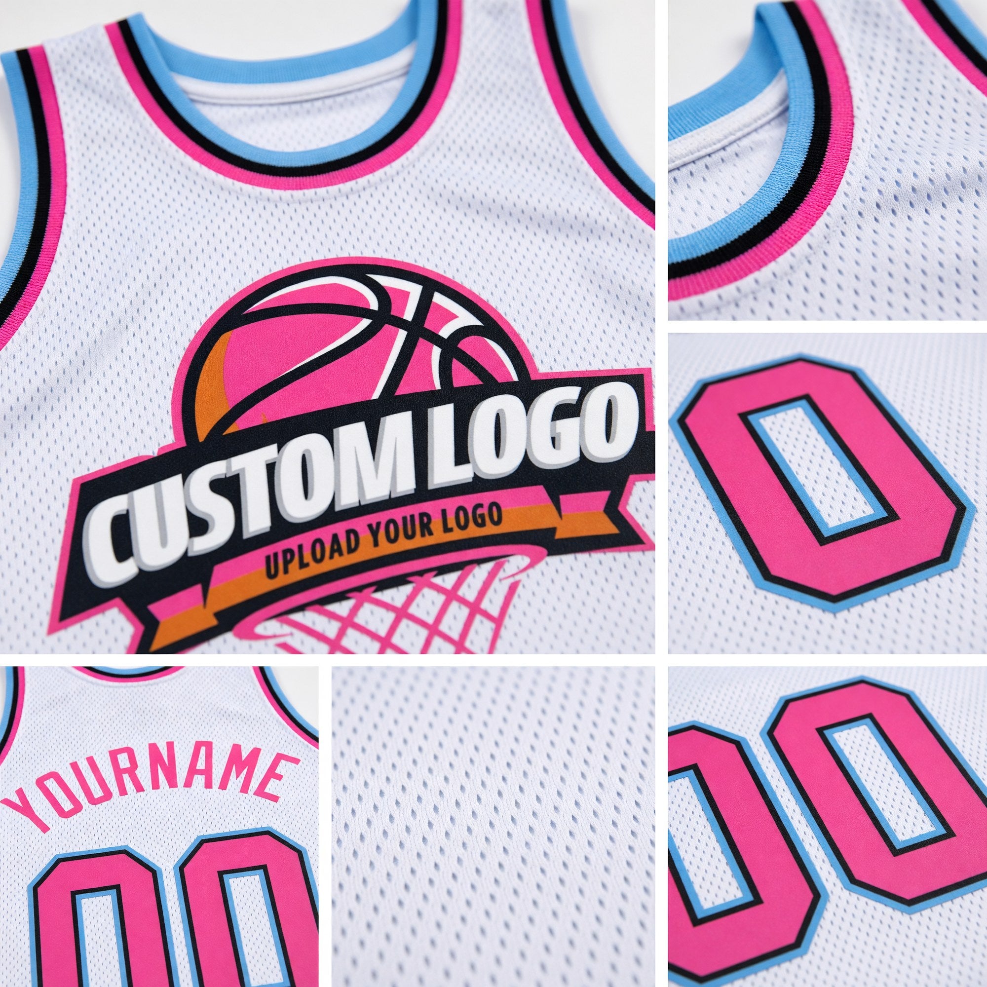 Custom White Pink Black-Light Blue Authentic Throwback Basketball Jersey detail