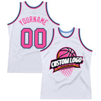 Custom White Pink Black-Light Blue Authentic Throwback Basketball Jersey photo 1