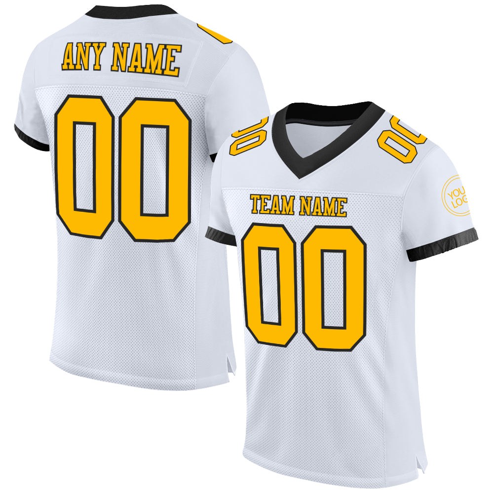Custom White Gold-Black Mesh Authentic Football Jersey photo 1
