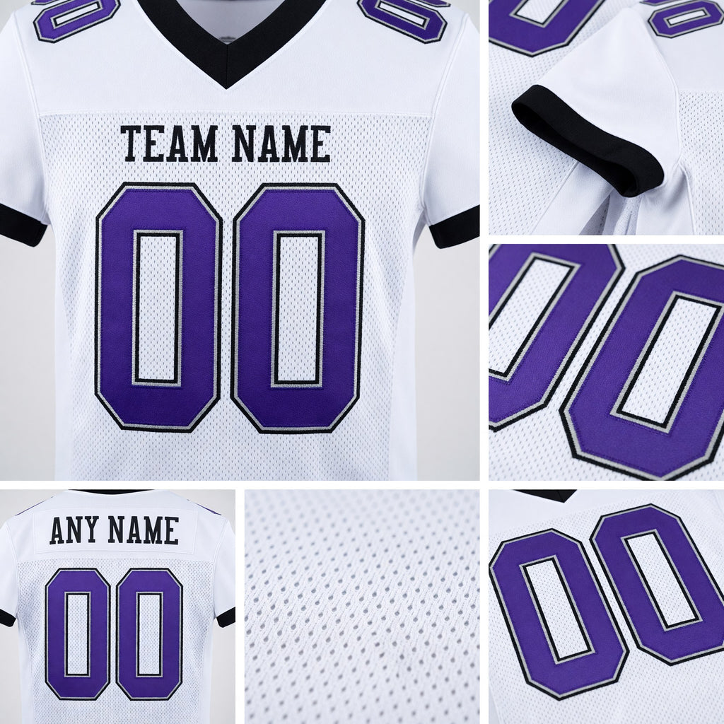 Custom White Purple Gray-Black Mesh Authentic Football Jersey detail