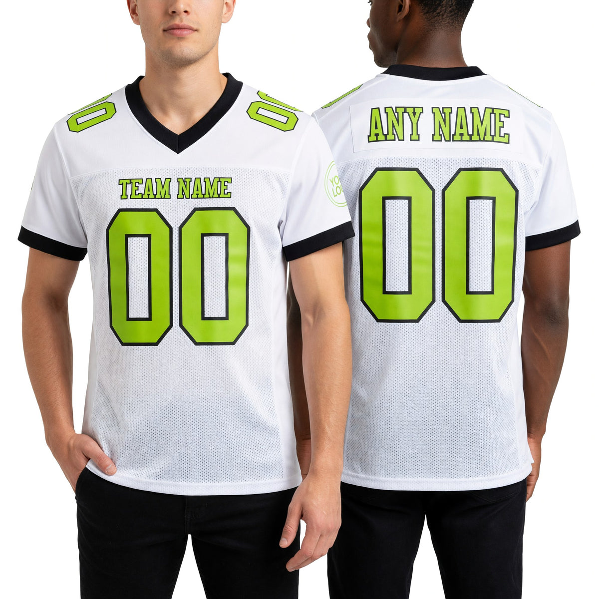 Custom White Neon Green-Black Mesh Authentic Football Jersey worn front and back