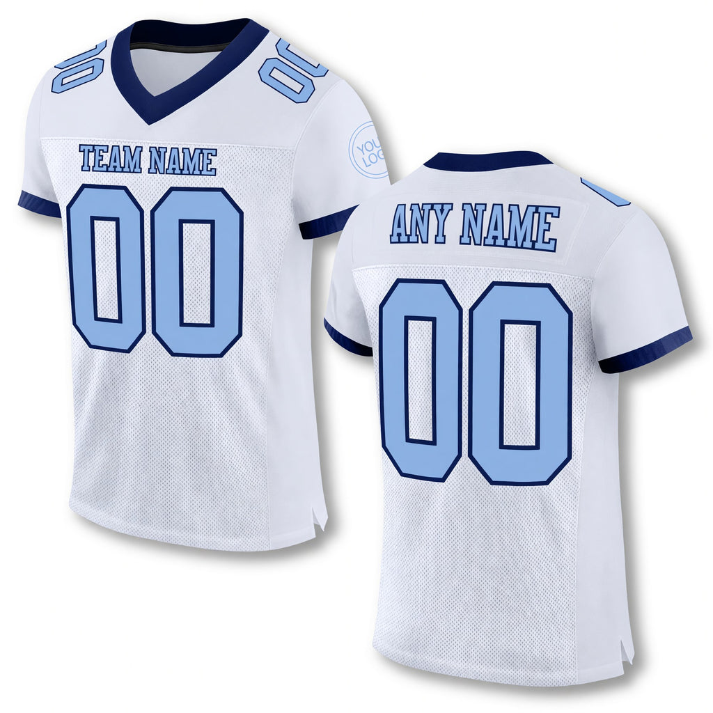 Custom White Light Blue-Navy Mesh Authentic Football Jersey