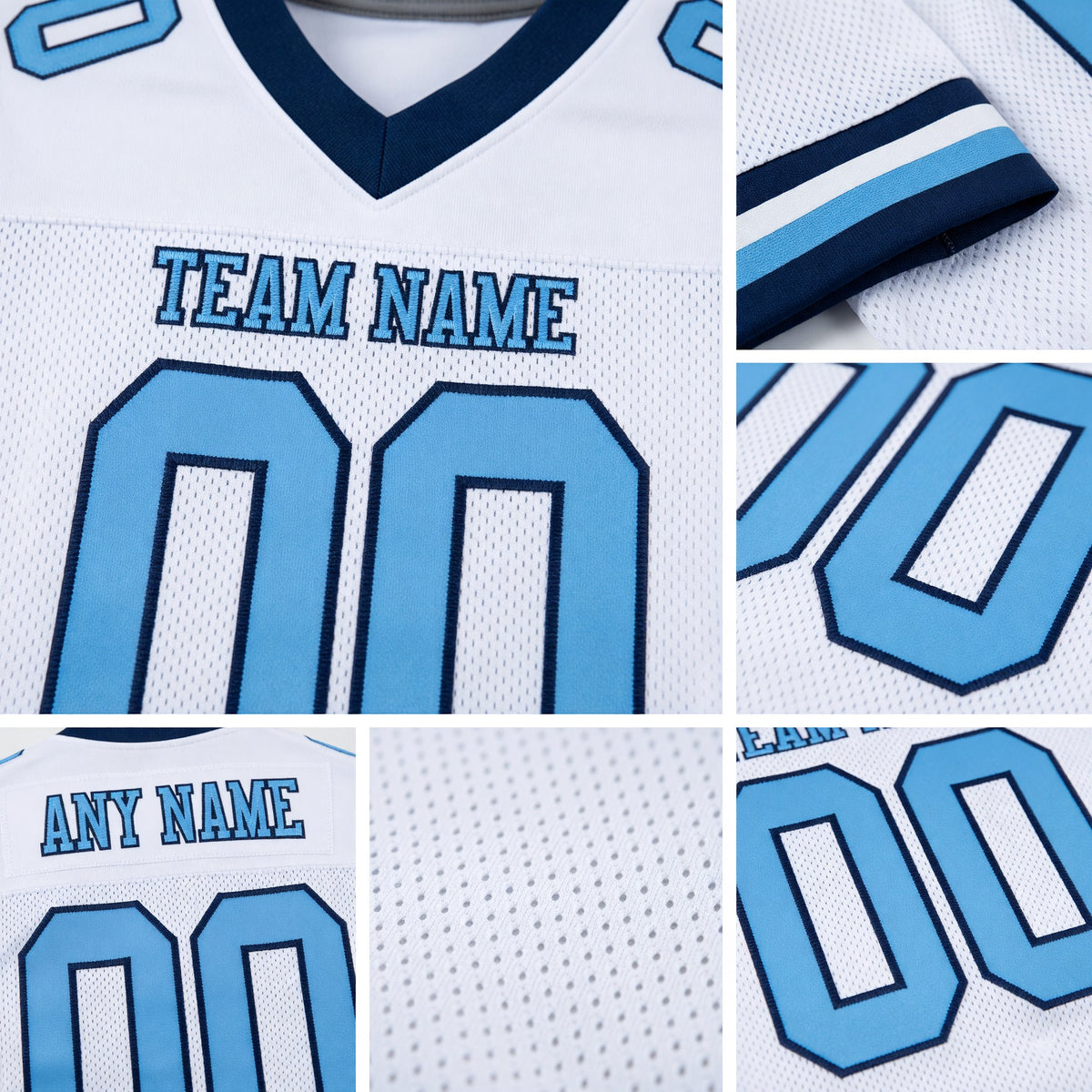 Custom White Light Blue-Navy Mesh Authentic Football Jersey detail