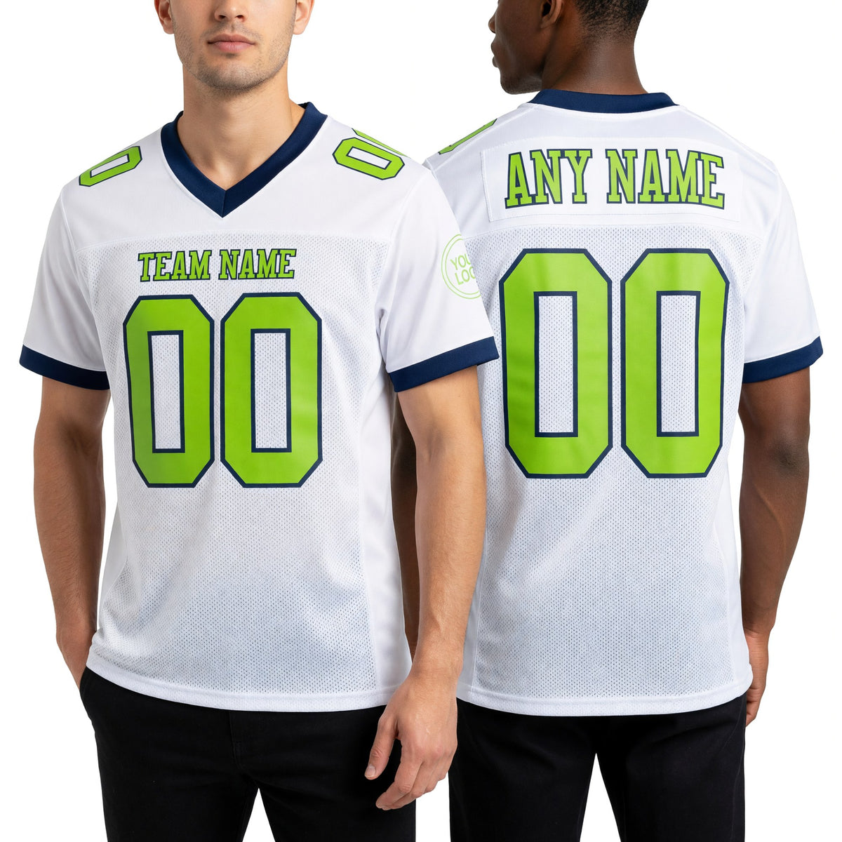 Custom White Neon Green-Navy Mesh Authentic Football Jersey worn front and back