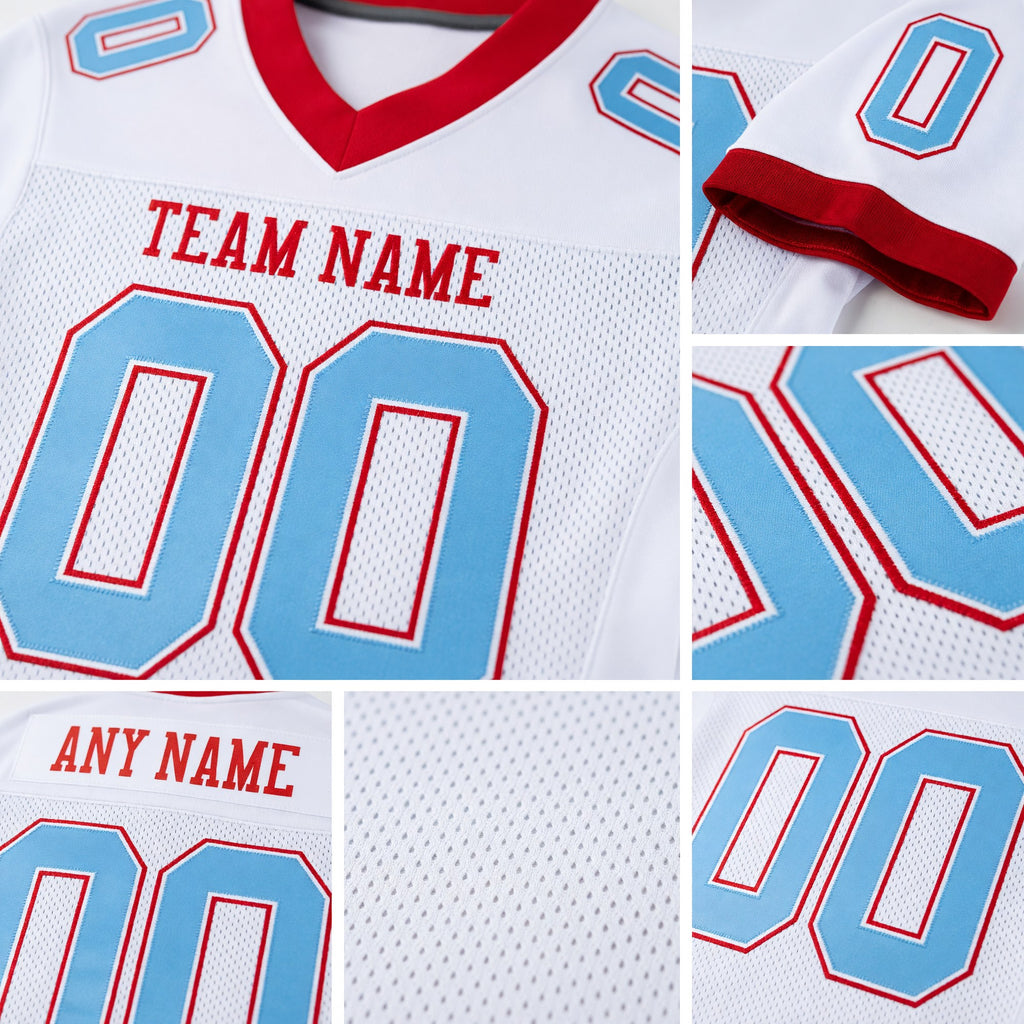 Custom White Light Blue-Red Mesh Authentic Football Jersey detail