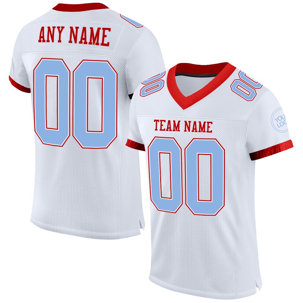 Custom White Light Blue-Red Mesh Authentic Football Jersey photo 1