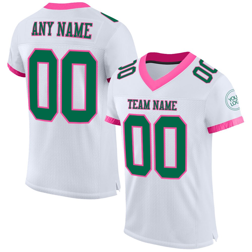 Custom White Kelly Green-Pink Mesh Authentic Football Jersey photo 1