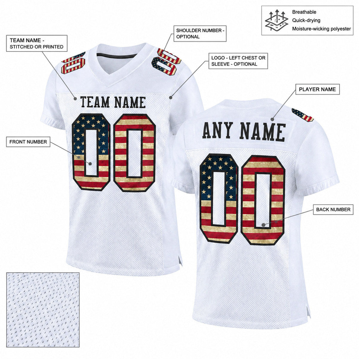 Custom White Vintage USA Flag Mesh Authentic Football Jersey with Black Lettering Design 1431 customization guide