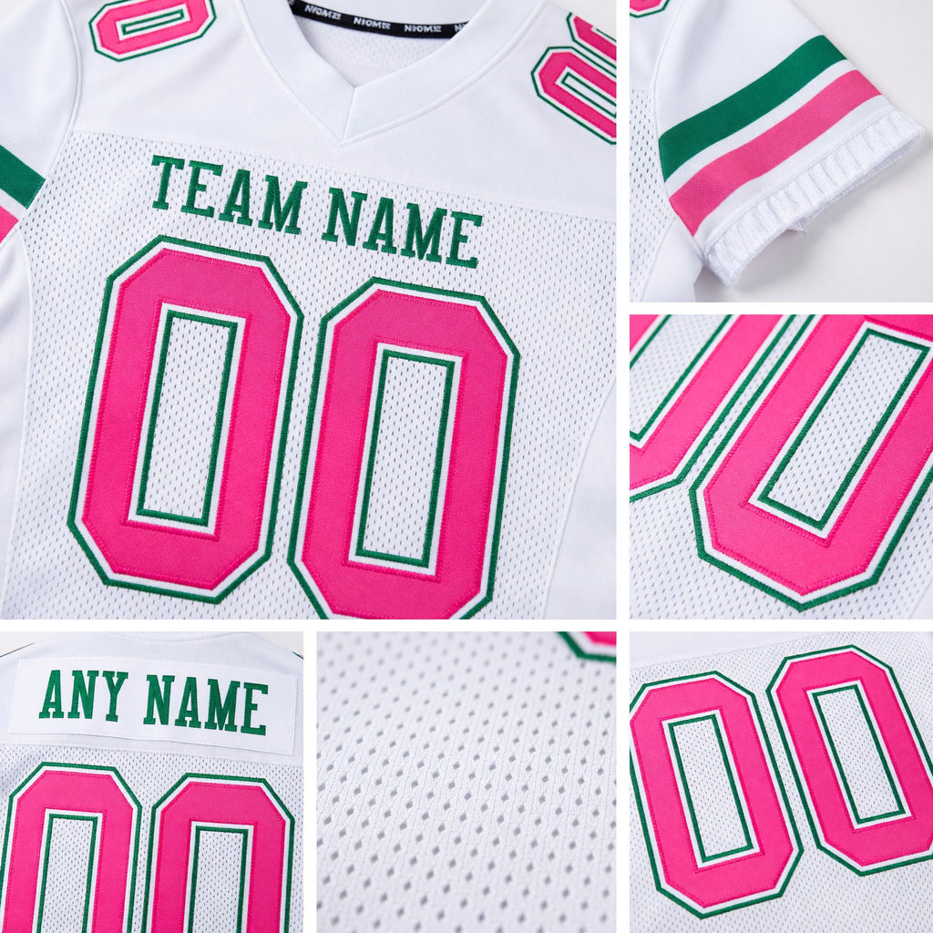 Custom White Pink-Kelly Green Mesh Authentic Football Jersey detail