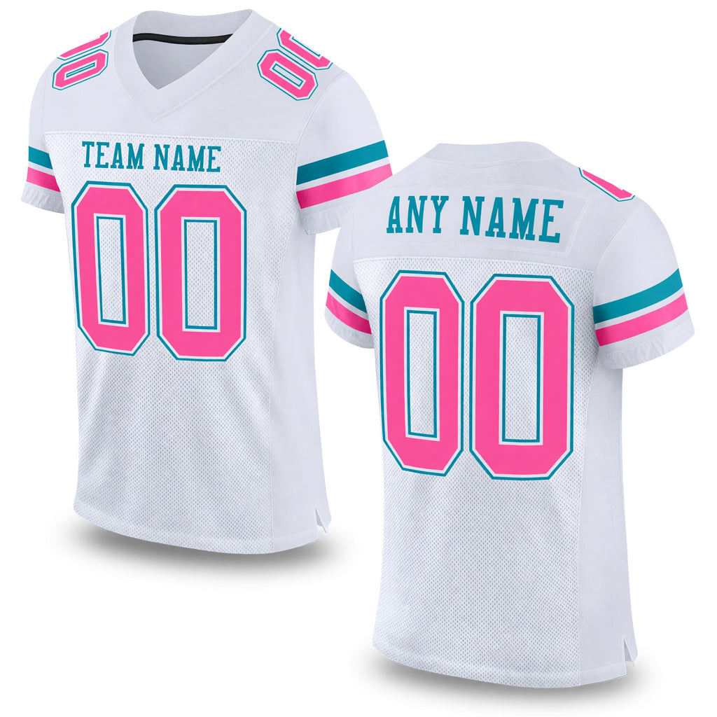 Custom White Pink-Teal Mesh Authentic Football Jersey