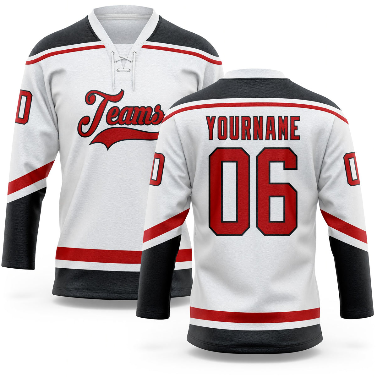 Custom White Red-Black Hockey Lace Neck Jersey
