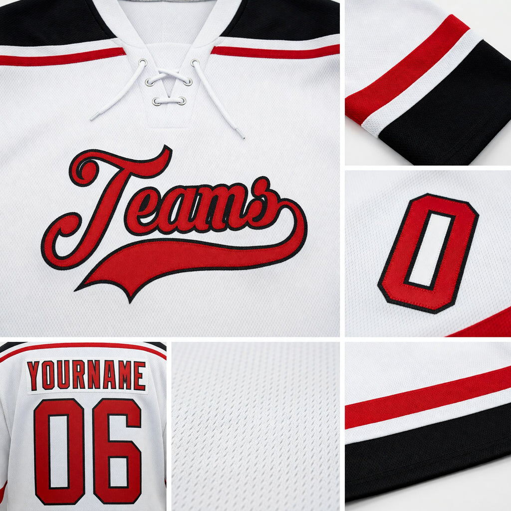 Custom White Red-Black Hockey Lace Neck Jersey detail