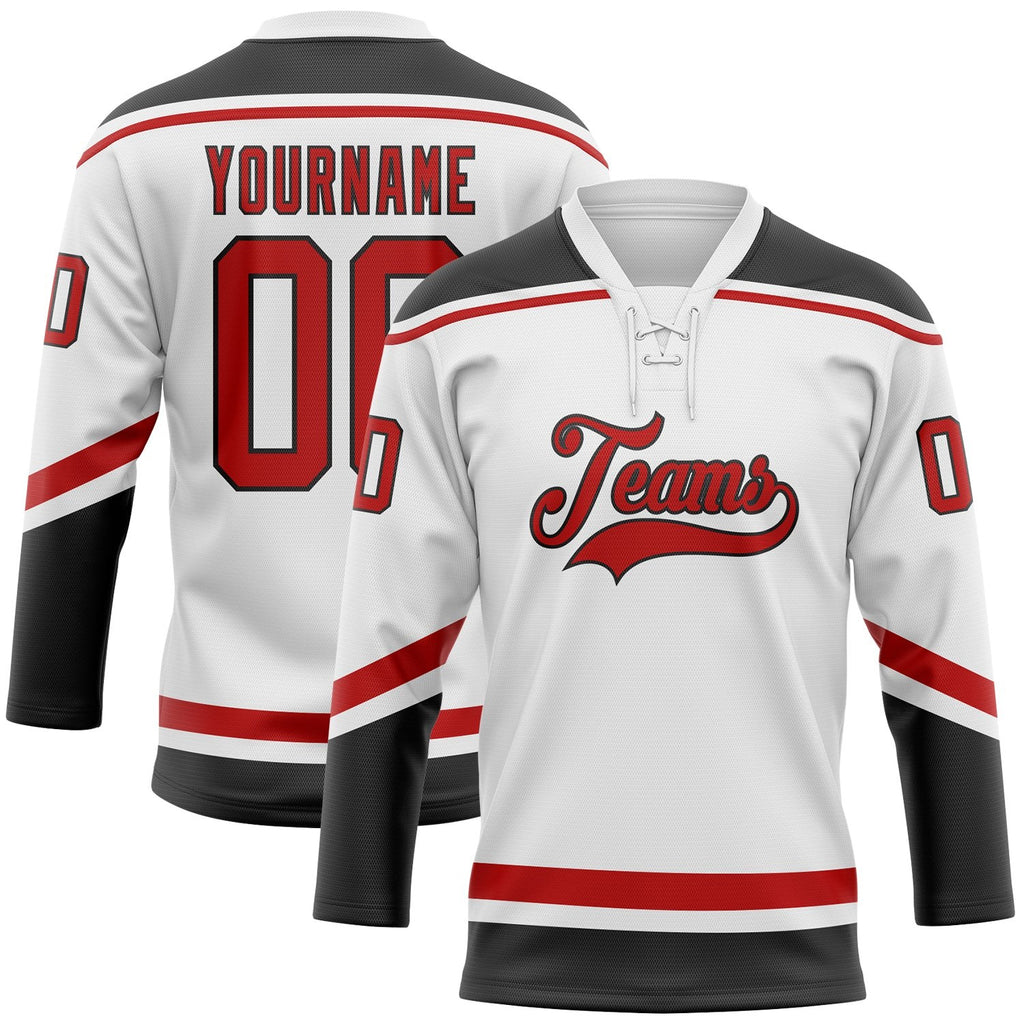 Custom White Red-Black Hockey Lace Neck Jersey photo 1