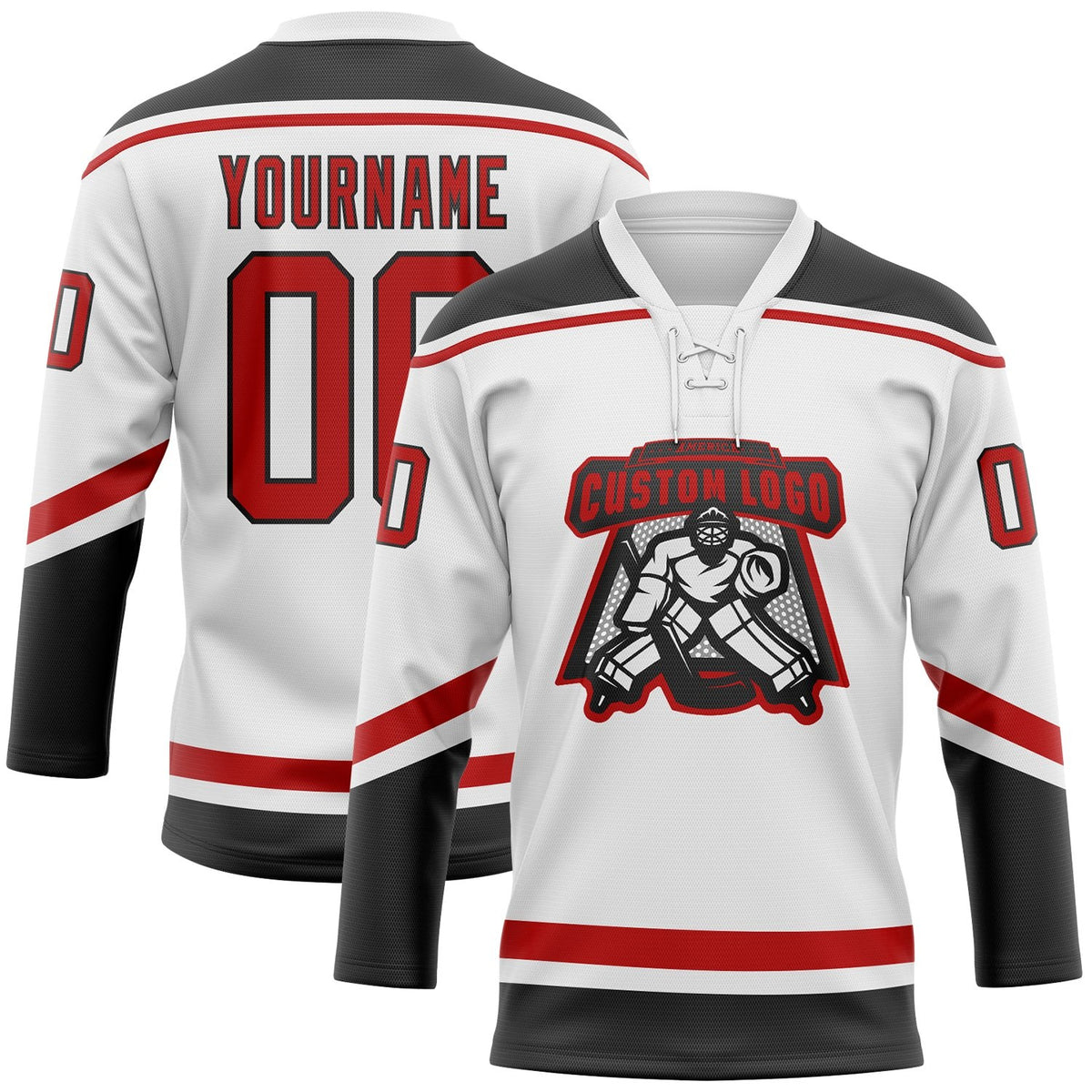 Custom White Red-Black Hockey Lace Neck Jersey photo 2