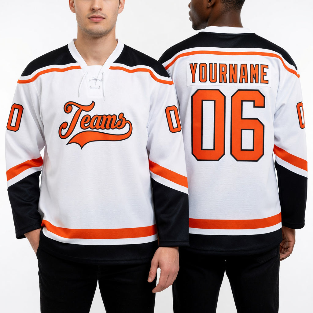 Custom White Orange-Black Hockey Lace Neck Jersey worn front and back