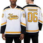 Custom White Old Gold-Black Hockey Lace Neck Jersey worn front and back
