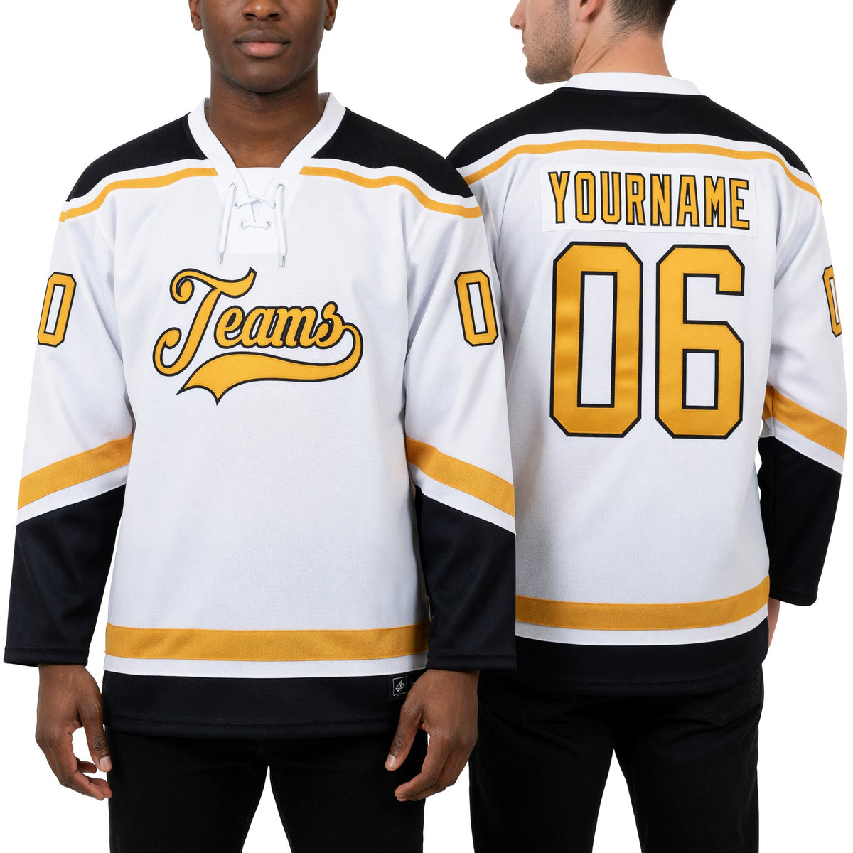 Custom White Old Gold-Black Hockey Lace Neck Jersey worn front and back