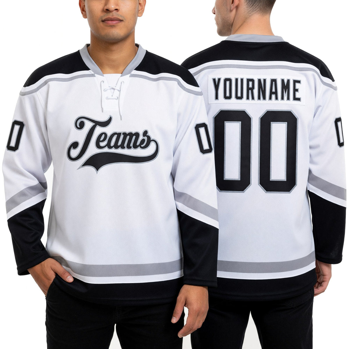 Custom White Black-Gray Hockey Lace Neck Jersey worn front and back