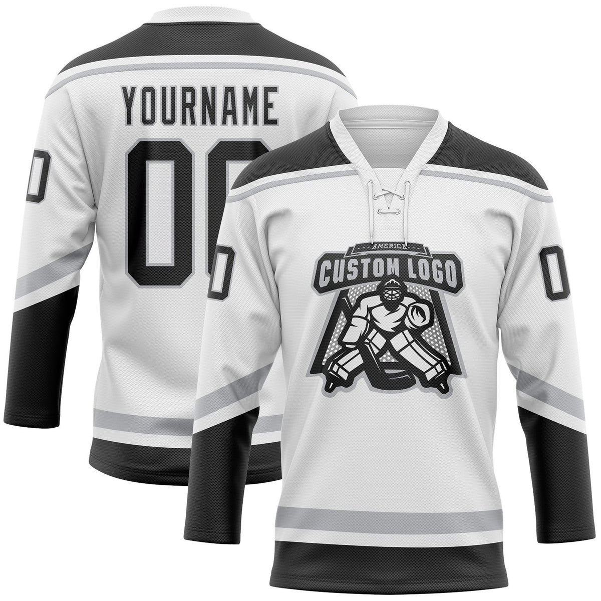 Custom White Black-Gray Hockey Lace Neck Jersey photo 2