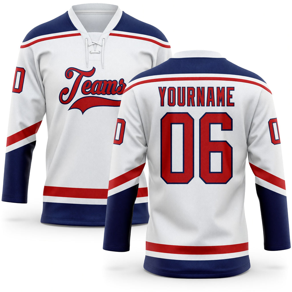 Custom White Red-Navy Hockey Lace Neck Jersey