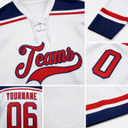 Custom White Red-Navy Hockey Lace Neck Jersey detail