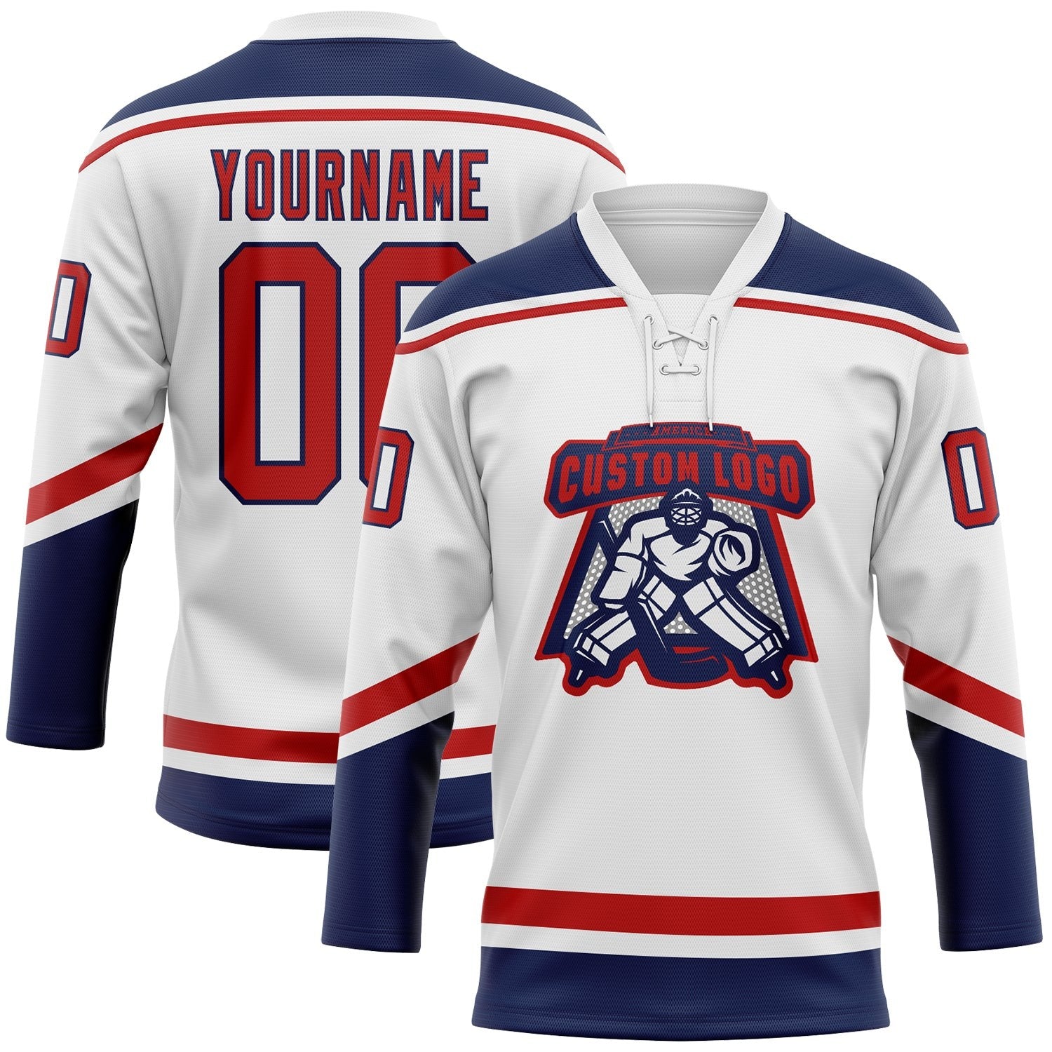 Custom White Red-Navy Hockey Lace Neck Jersey photo 2