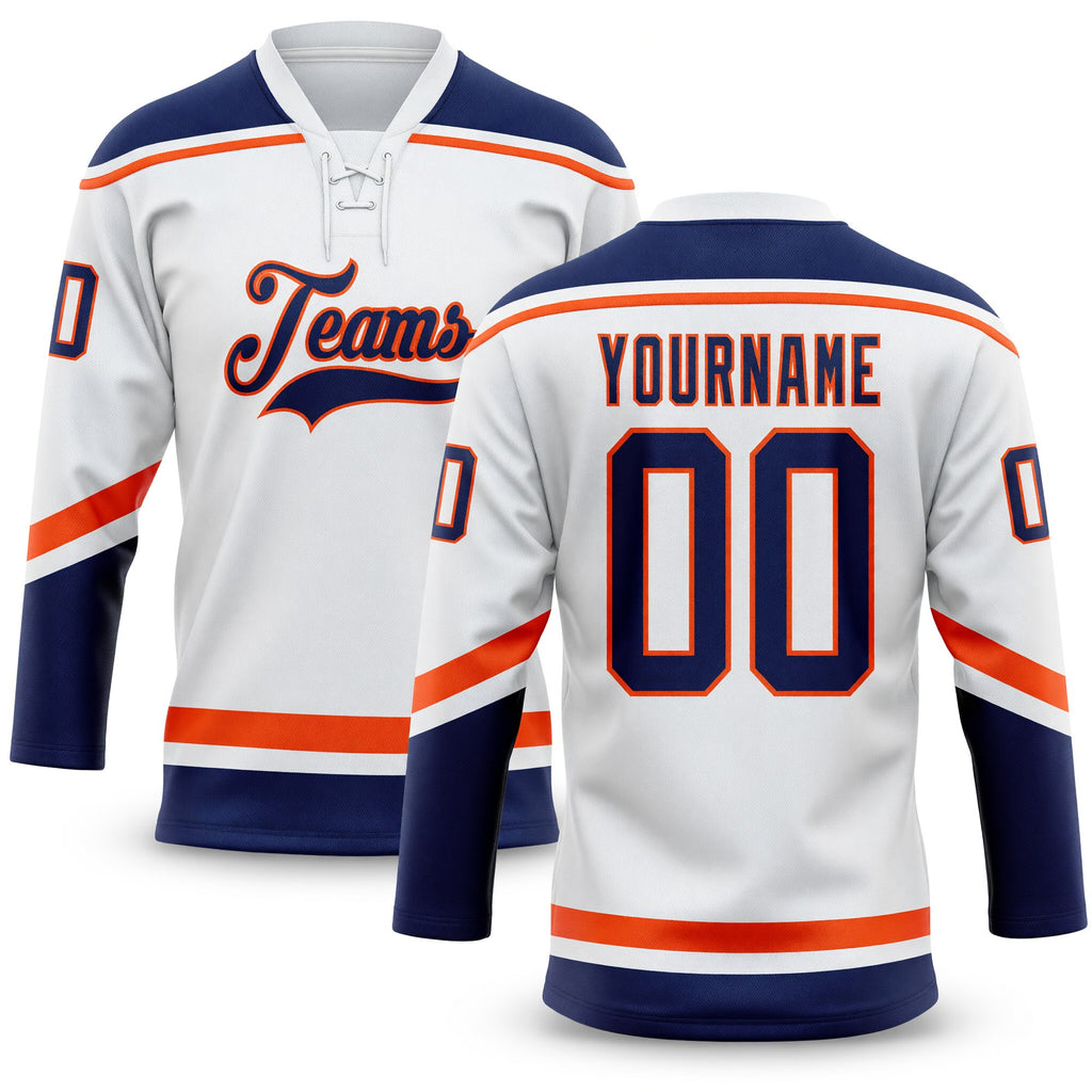Custom White Navy-Orange Hockey Lace Neck Jersey