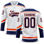Custom White Navy-Orange Hockey Lace Neck Jersey