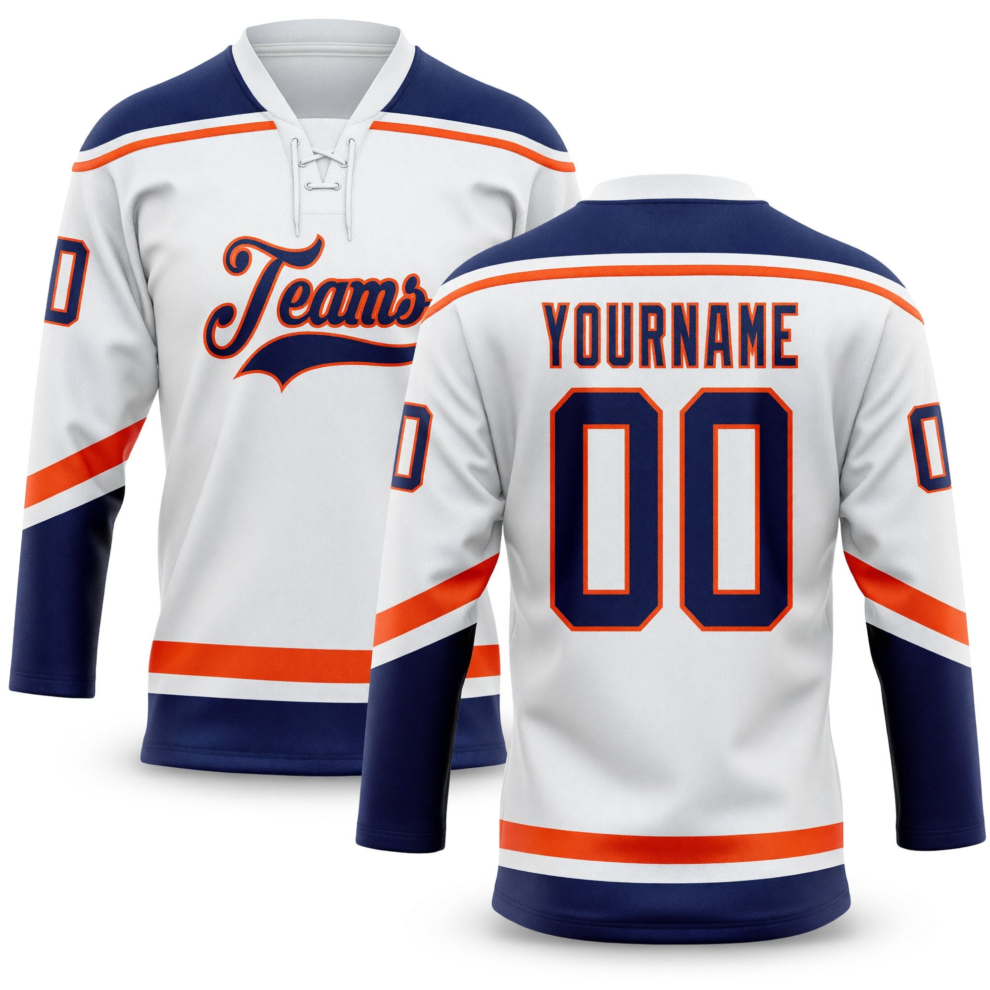 Custom White Navy-Orange Hockey Lace Neck Jersey