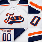 Custom White Navy-Orange Hockey Lace Neck Jersey detail